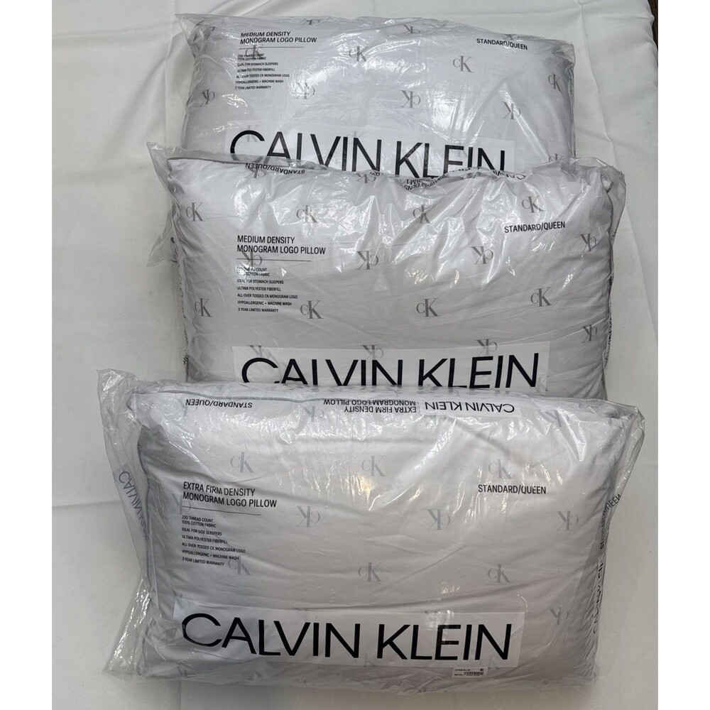 Calvin Klein Monogram Logo Pillow Med Density White/Dove Std/Queen NEW SET OF 3!